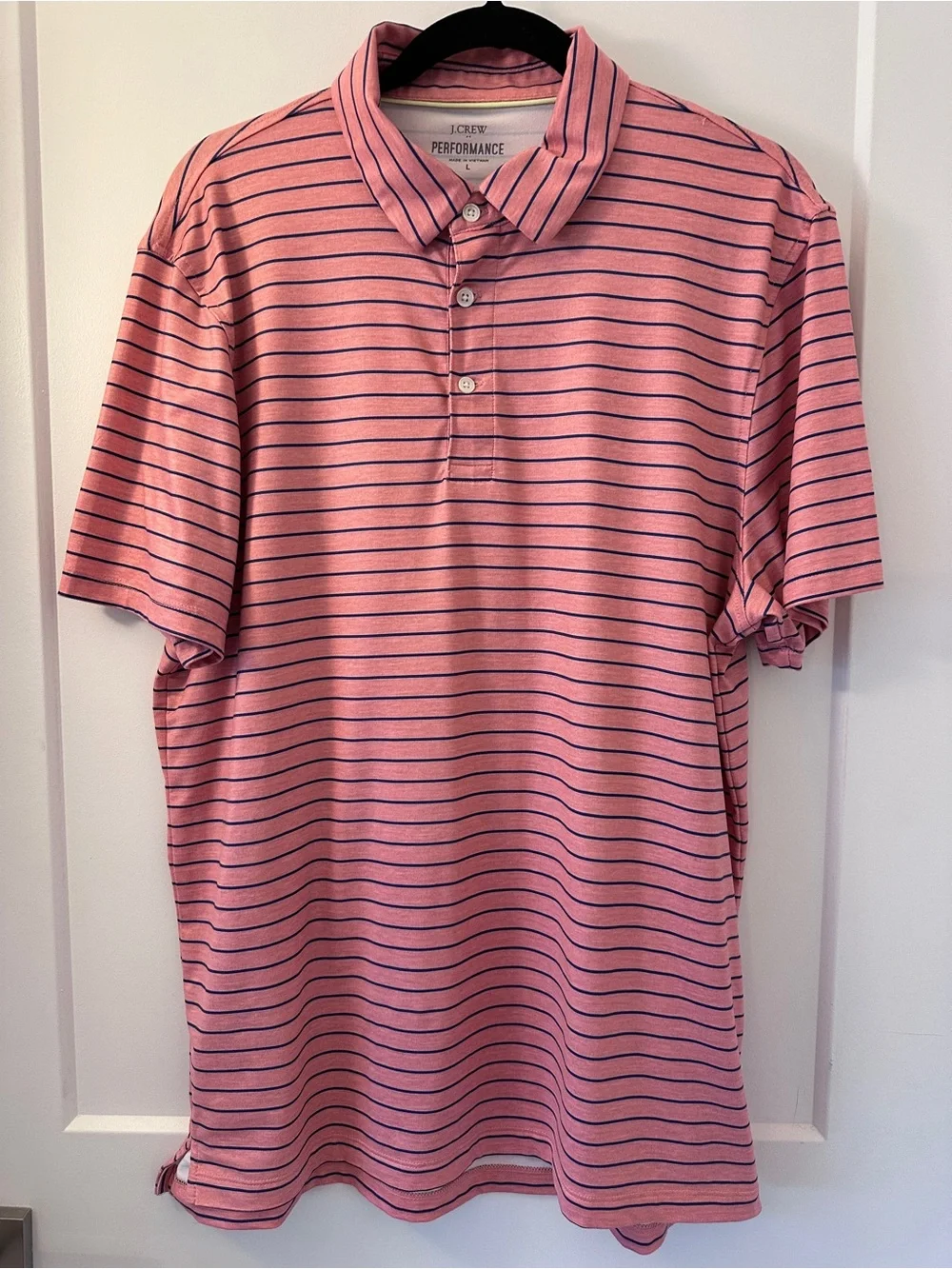 J.Crew Performance Men’s Coral Pink Navy Striped Golf Polo SS Shirt Size Large